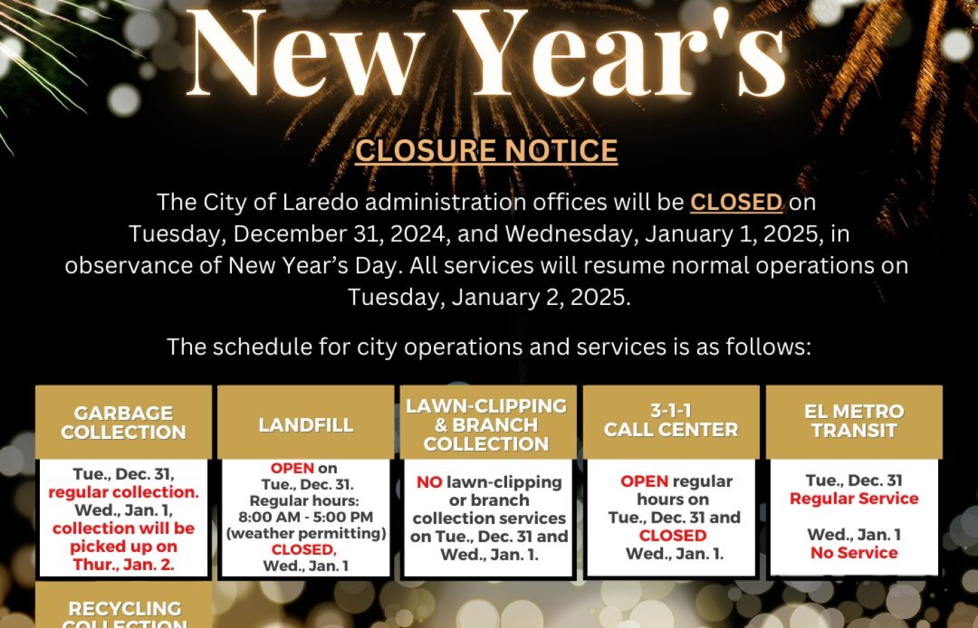 City of Laredo New Year’s Closure Notice