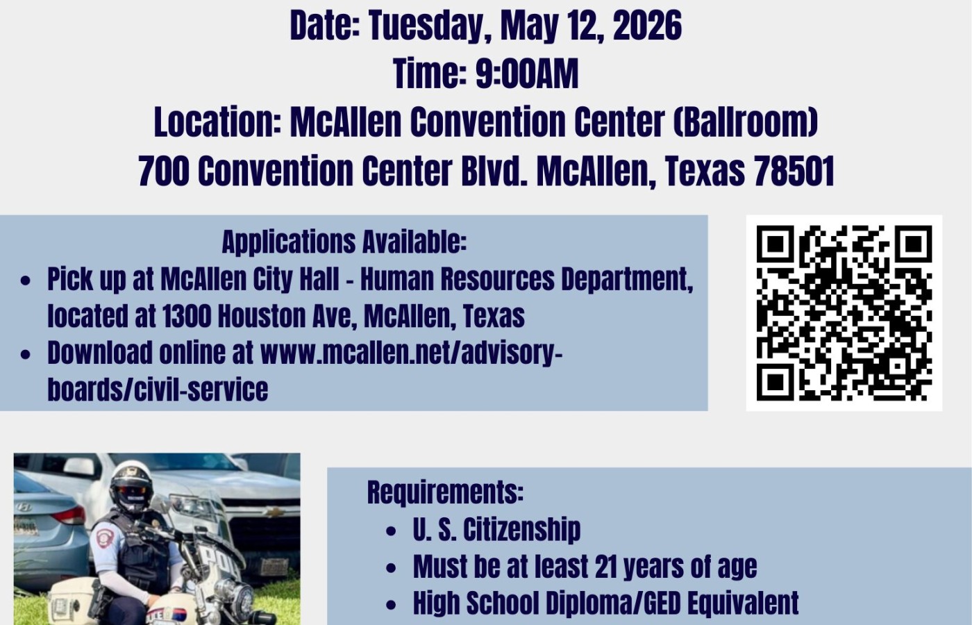 Entrance examination notice for McAllen police officer